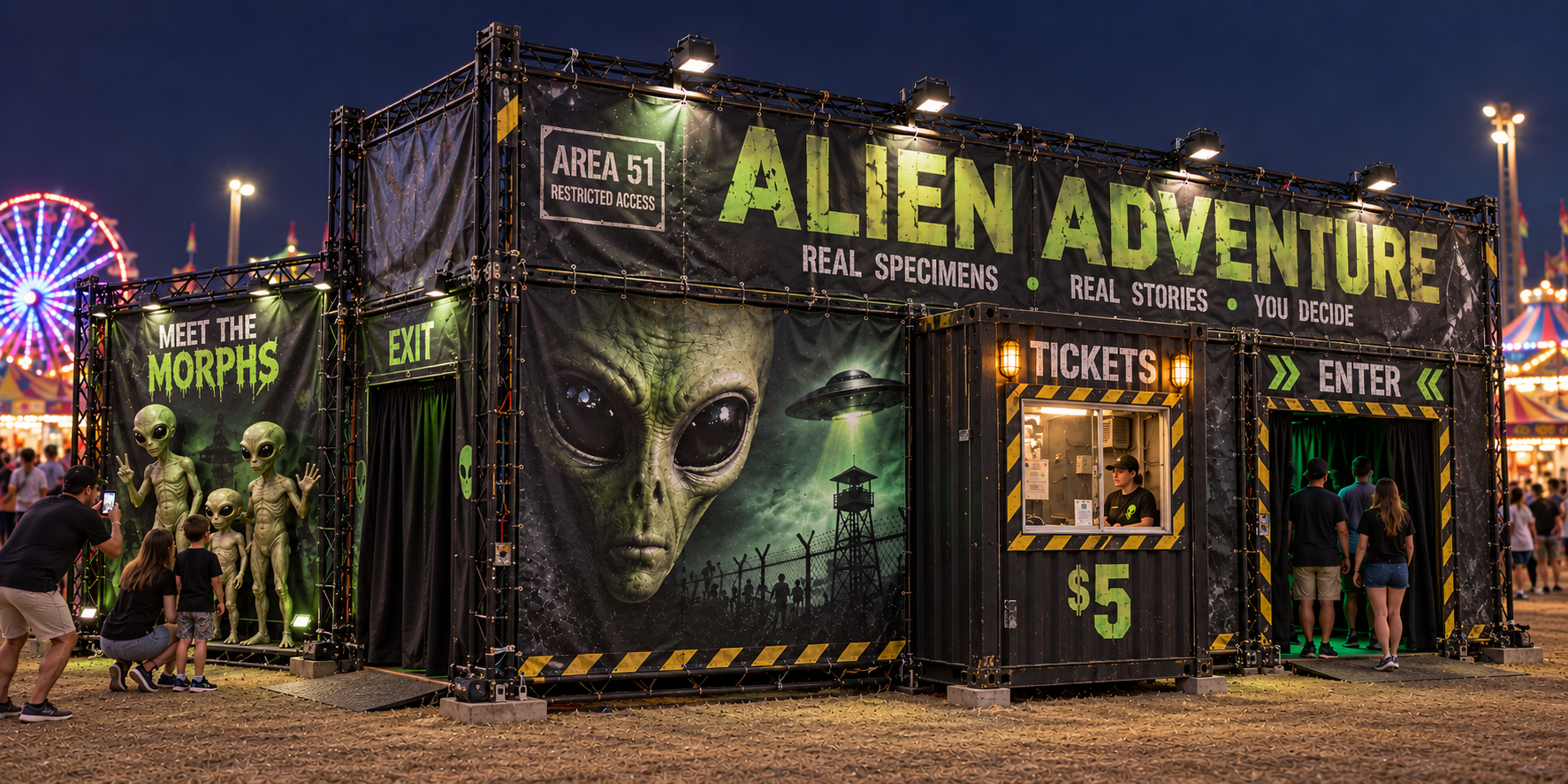 Alien Adventure attraction frontage with Area 51-themed artwork at a fair